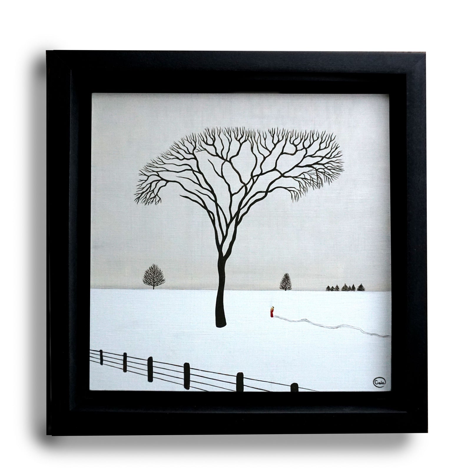 Favourite Tree - Awe oil on wood painting showing a large bare tree and small figure in a snowy landscape, 25 x 25 cm.