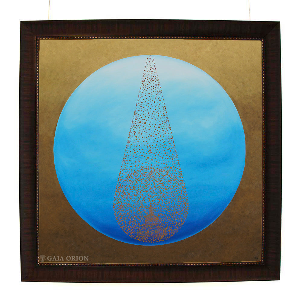 Points of Origin - Prints on canvas showing a meditative figure within a suspended golden teardrop against blue and gold background.