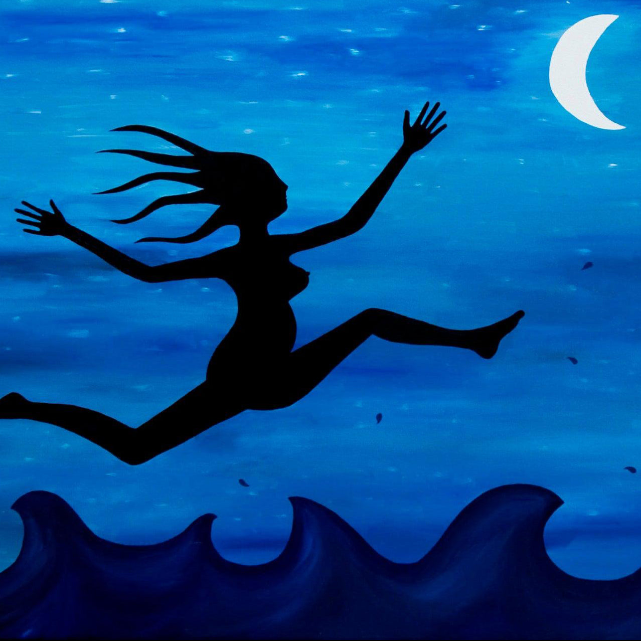 I am Free! - Acrylic on Canvas shows a silhouette of a joyful woman leaping over waves beneath a crescent moon.