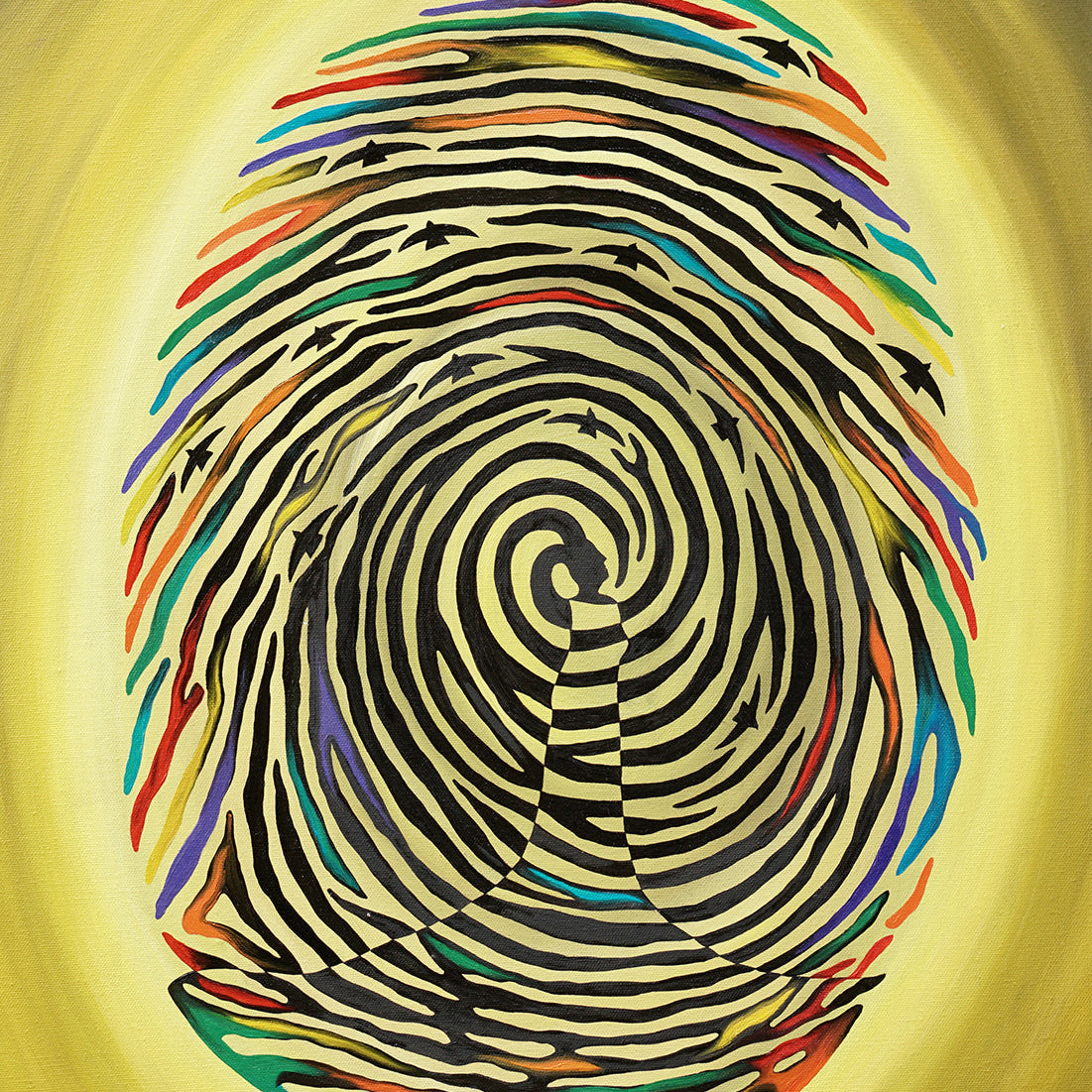 Freedom From The Imprint - Framed Oil on Canvas showing a colorful fingerprint with a meditative figure inside.