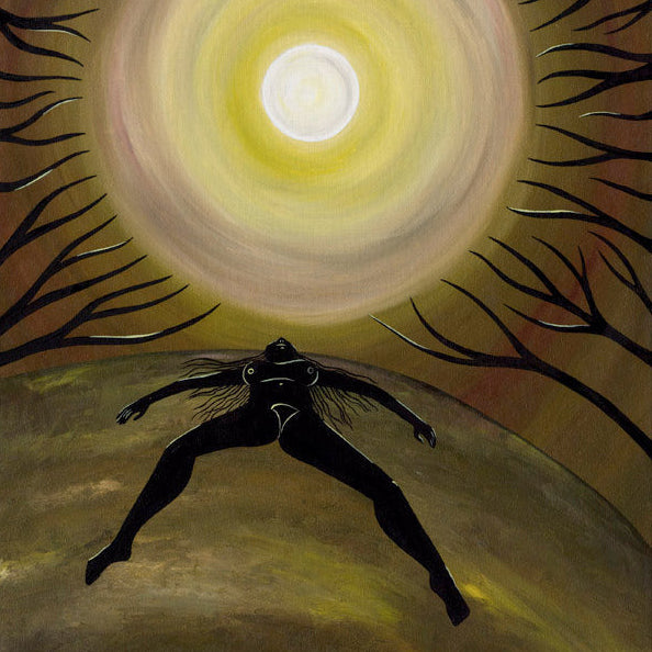 Full Moon Bathing - Oil on Canvas depicting a wild woman under a glowing full moon in a surreal landscape.