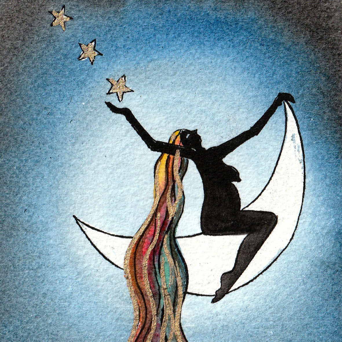 Audacious Dreams - Watercolour 13 x 10 cm of a woman on crescent moon with stars and flowing colorful hair.