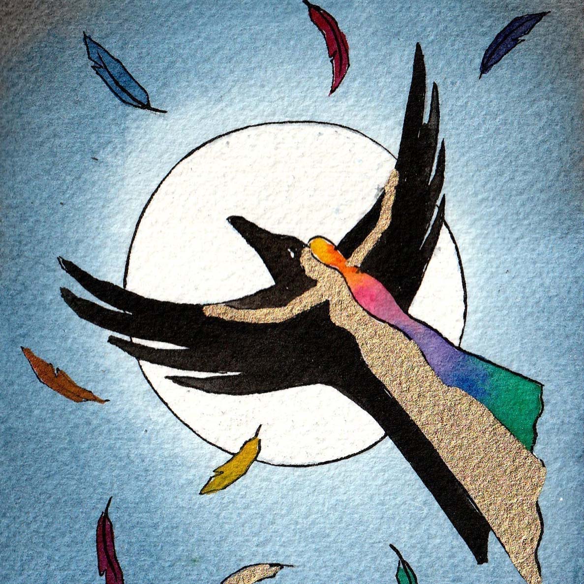 Raven Dream - Watercolour 13 x 10 cm showing a rainbow-colored woman flying with a black raven in front of the moon.
