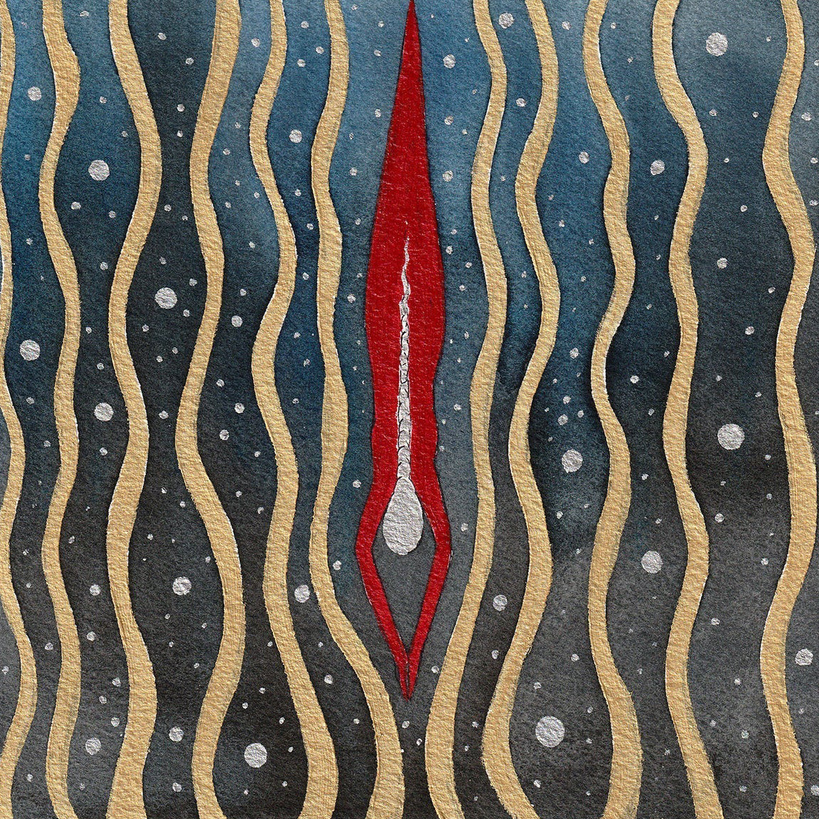 Going Deeper - Watercolour and Gold Acrylic of a woman diving inward through gold waves into dark water.