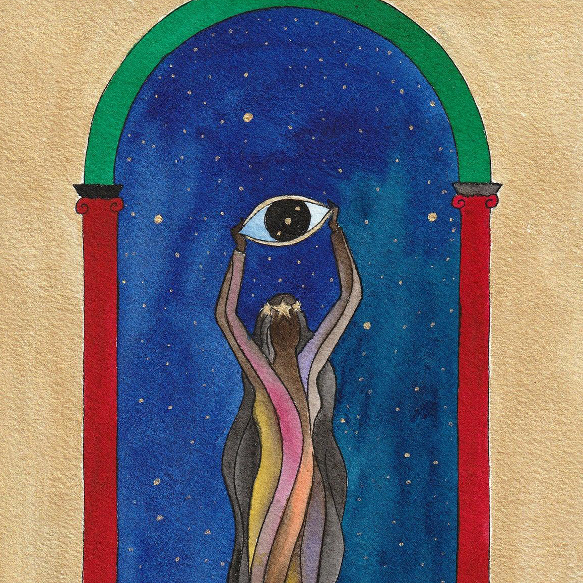 Guided by the Stars - Watercolour and Gold Acrylic painting of a figure holding an eye under a starry sky arch.