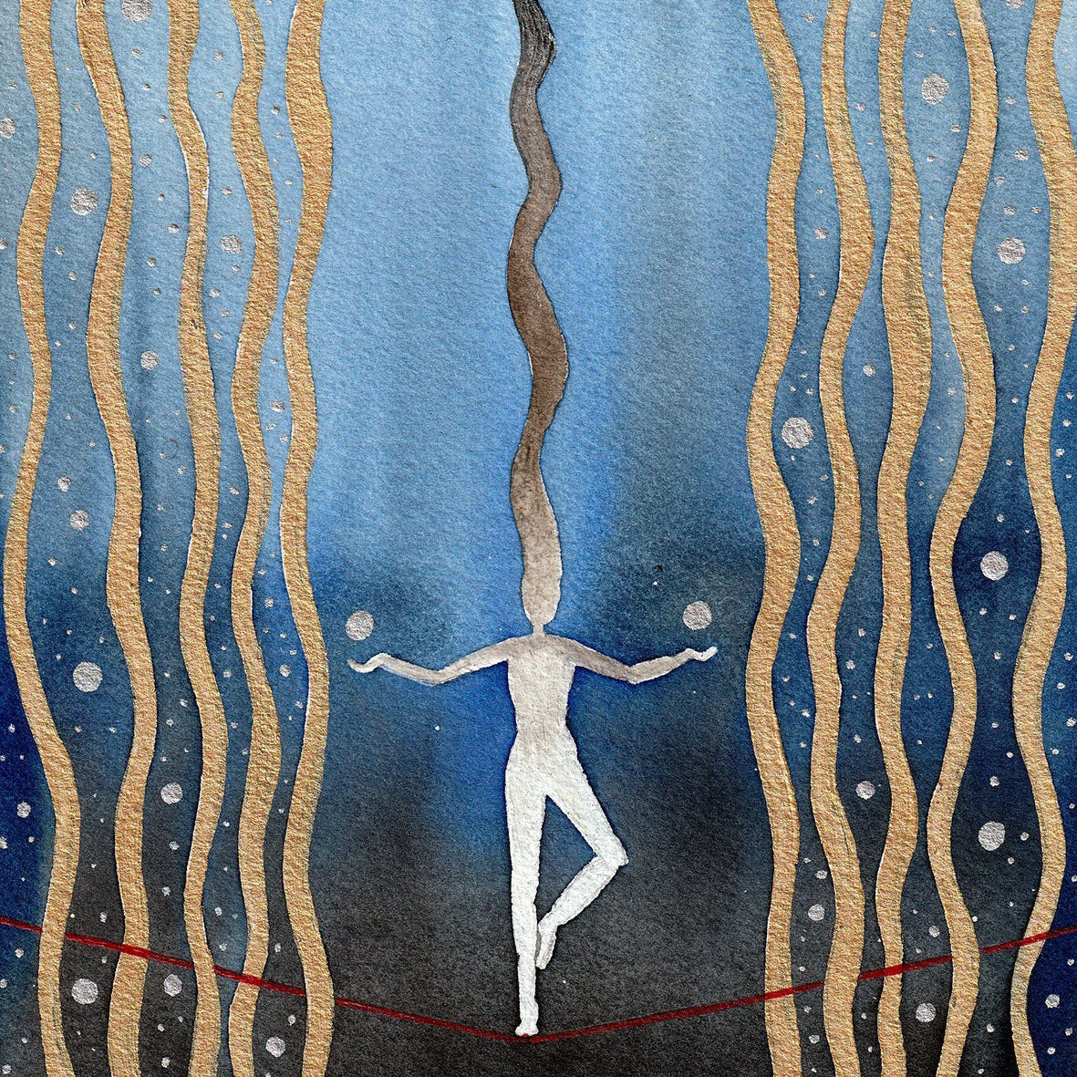 Life is a Balancing Act watercolor and gold acrylic painting of figure balancing on red tightrope 25 x 18 cm