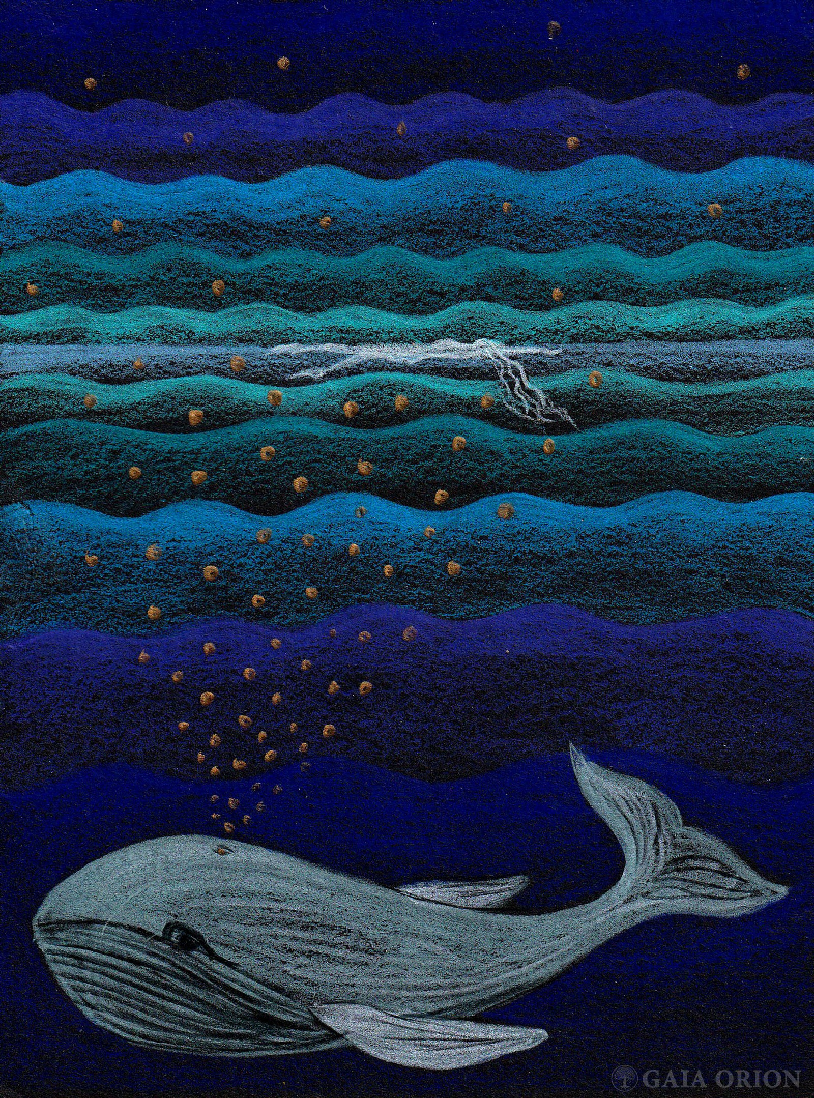 Whale Song and Bliss - pencil crayons drawing of a whale swimming under waves on black paper.