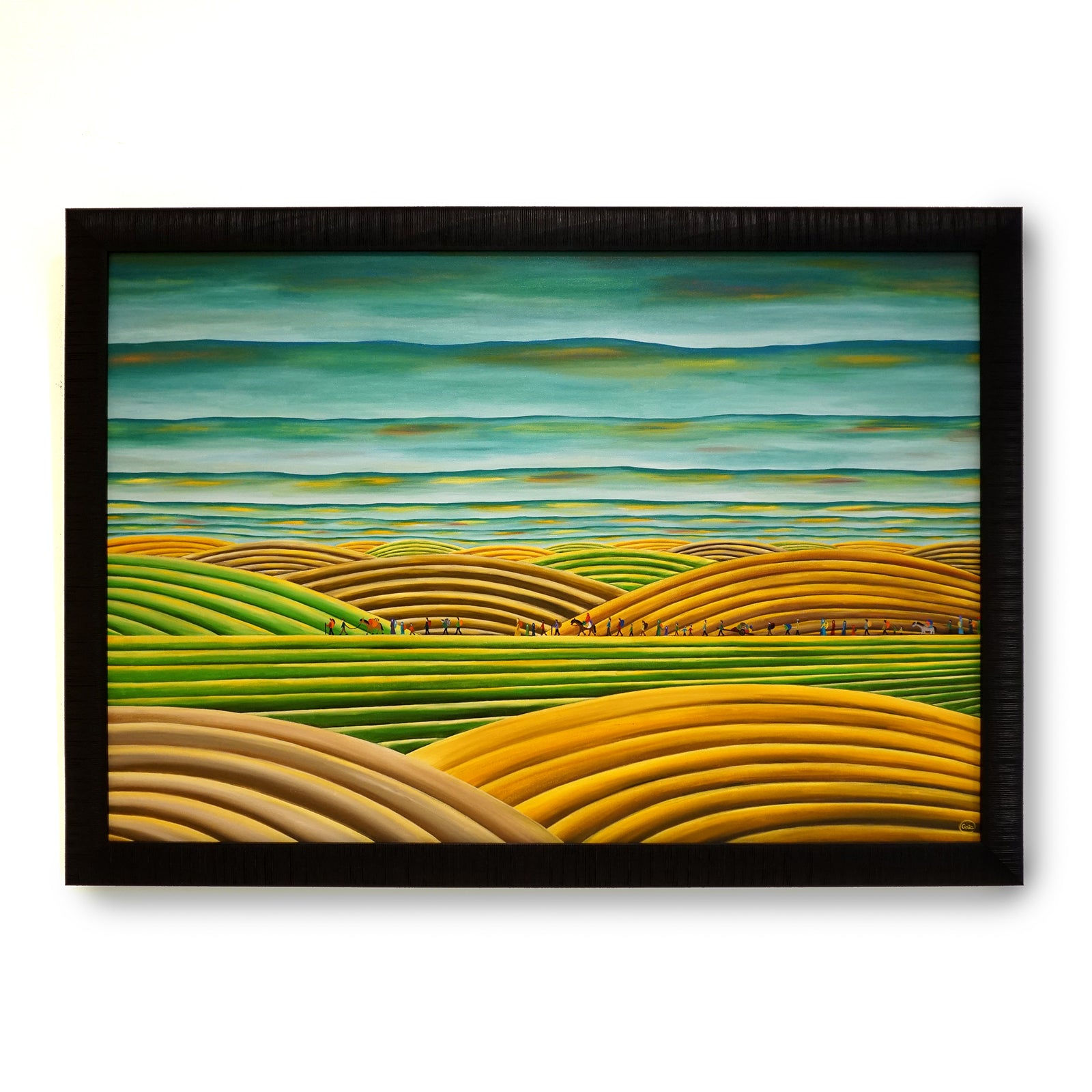 Nomads - Oil on Canvas - 60 x 90 cm featuring vibrant rolling hills with tiny figures walking a winding path.