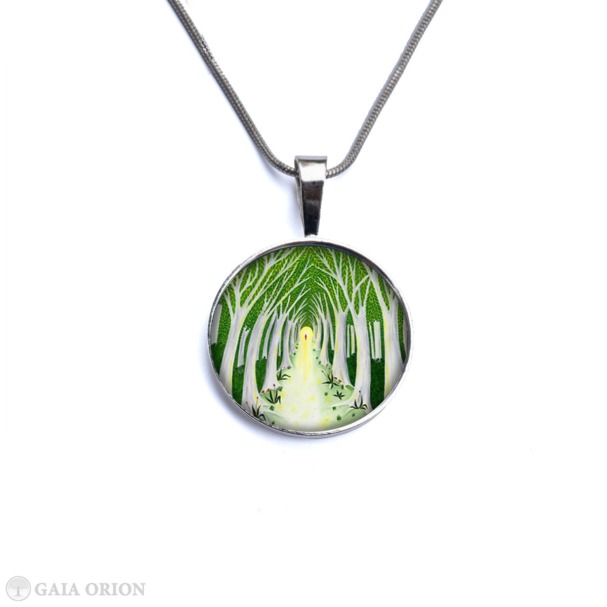 A Meaningful Life Necklaces featuring a green forest path design on a sterling silver medallion pendant.