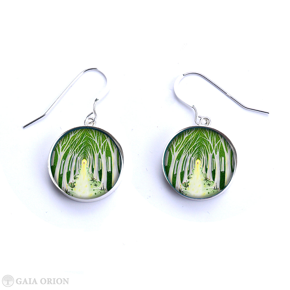 A Meaningful Life Earrings with green forest art on sterling silver medallions, handmade, UV resistant, and anti-allergic.