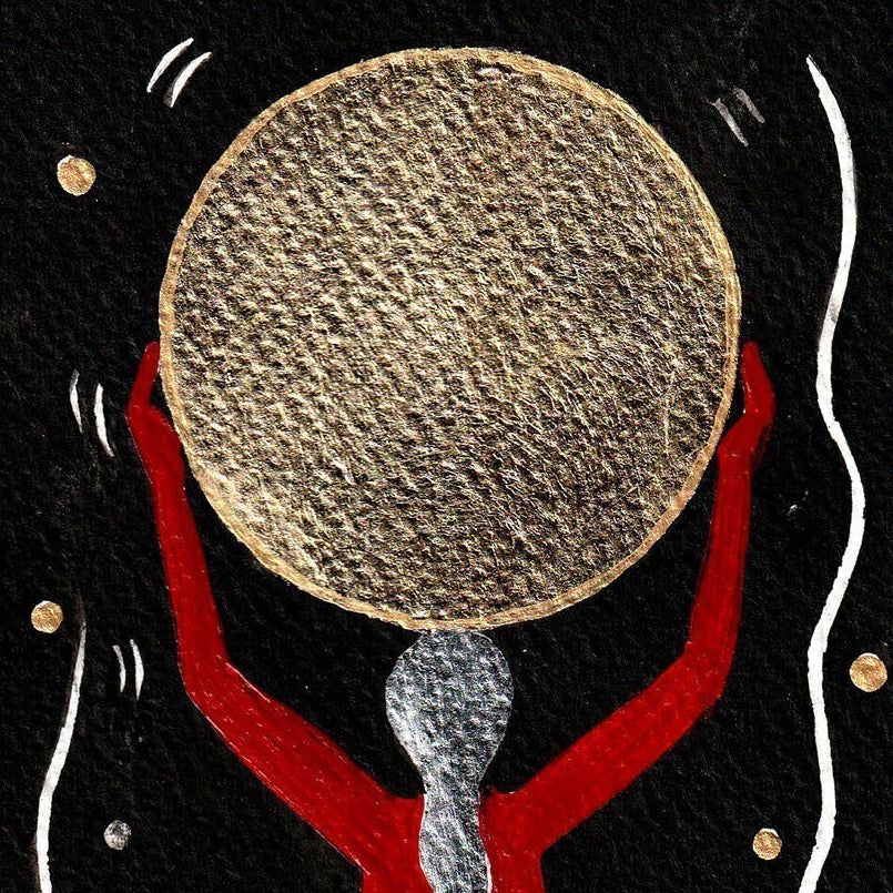 Genesis - Watercolour, Acrylic, Gold and Silver Leaf 25 x 9 cm depicts a figure holding a large gold circle against a dark background.