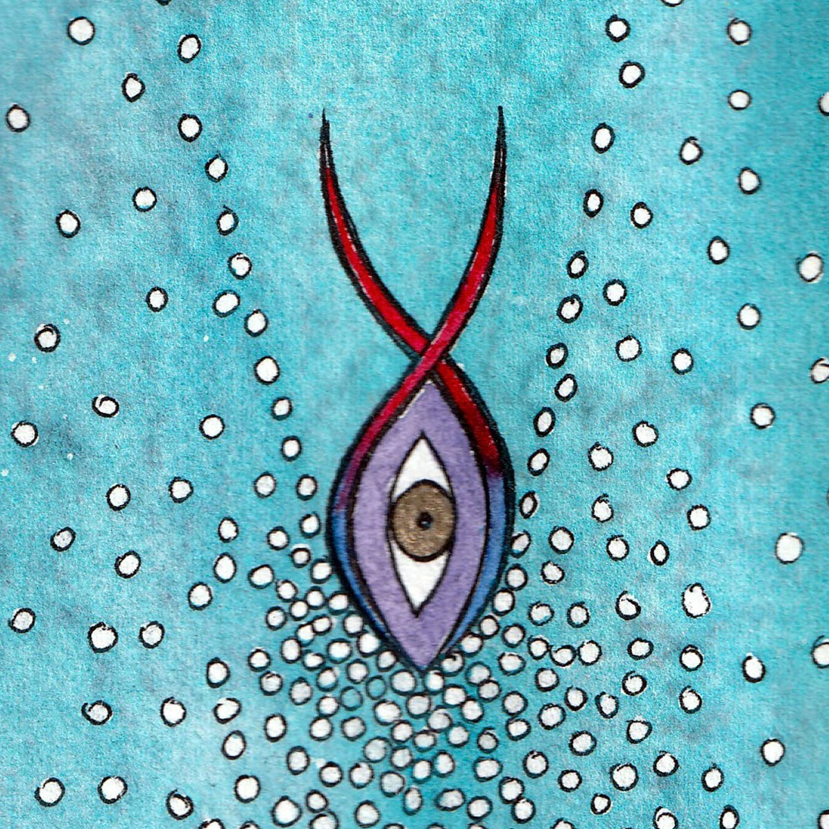 Going Deeper - Watercolour 15 x 9 cm features an abstract eye with red and purple shapes on a blue dotted background.