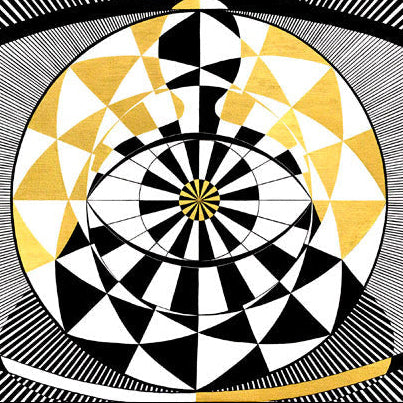 He Awakens - Oil on Canvas - 50 x 100 cm, abstract figure meditating with geometric patterns in black, white, and gold.