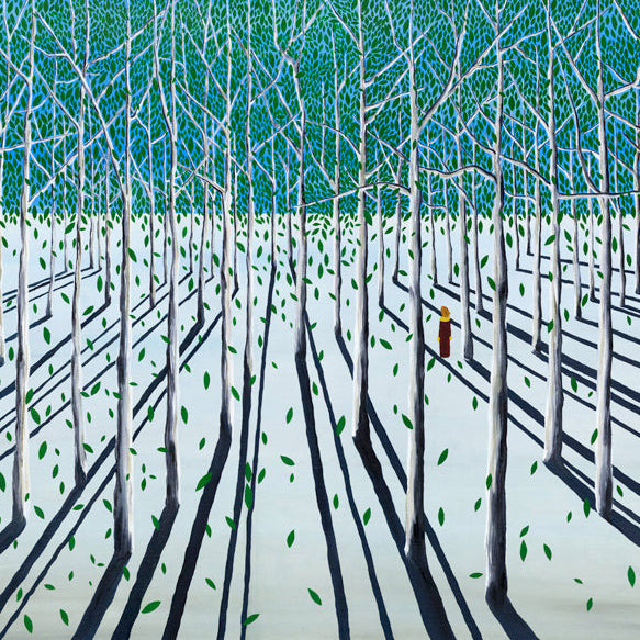 In the Heart of the Forest - Oil on Canvas - 50 x 70 cm showing tall trees casting long shadows in a dense forest.