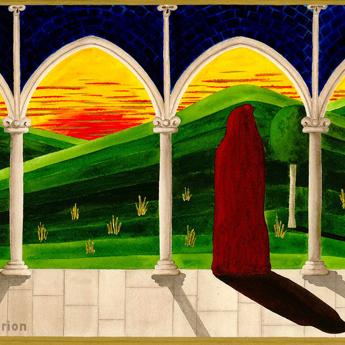 Silence is her Soul (Hildegard) oil painting showing a cloaked figure at dawn framed by arches and green hills.