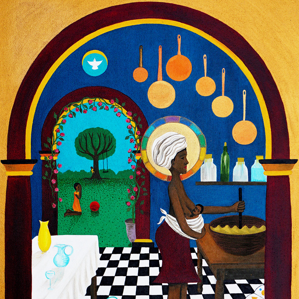 Holy Mama - Oil on Canvas - 50 x 40 cm depicting a mother cooking while breastfeeding in a vibrant, symbolic kitchen scene.