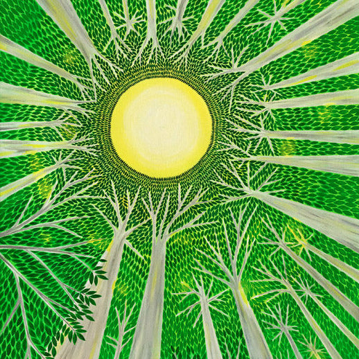Hug a Tree - Oil on Canvas 60x40 cm painting showing tree trunks and green leaves forming a sunlit circle.