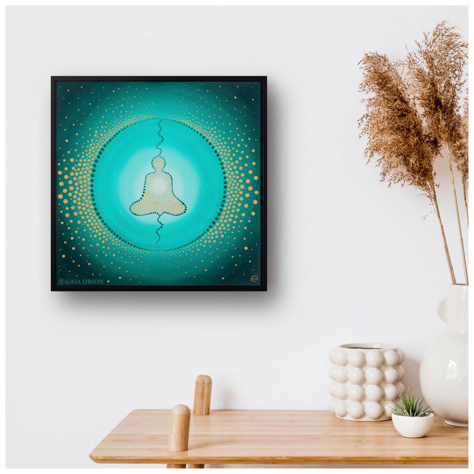 A contemplative mandala painting with a person sitting in meditation posture