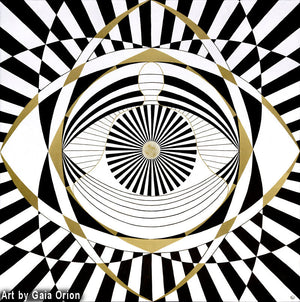 He Awakens - Prints on Paper features a meditator within geometric black, white, and gold patterns symbolizing inner awakening.