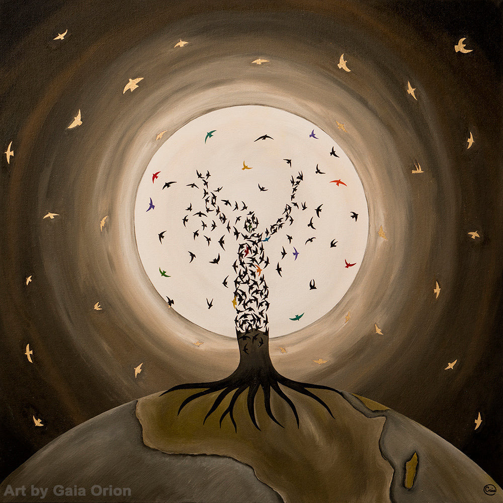 FLIGHT OF THE SOUL print showing a tree transforming into birds beneath a glowing full moon on premium paper.