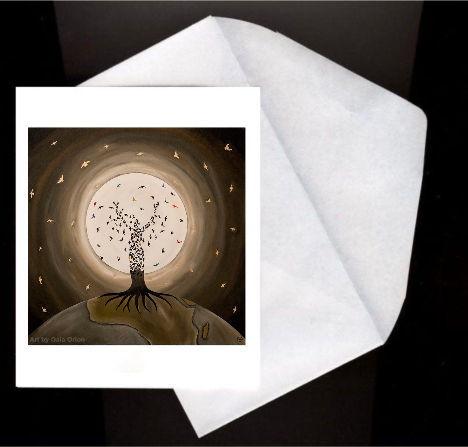 Flight of the Soul Eco Greeting Card with tree turning into birds flying against a glowing moon background.
