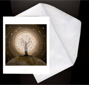 Flight of the Soul Eco Greeting Card showing a tree with birds flying from it on recycled paper with envelope.