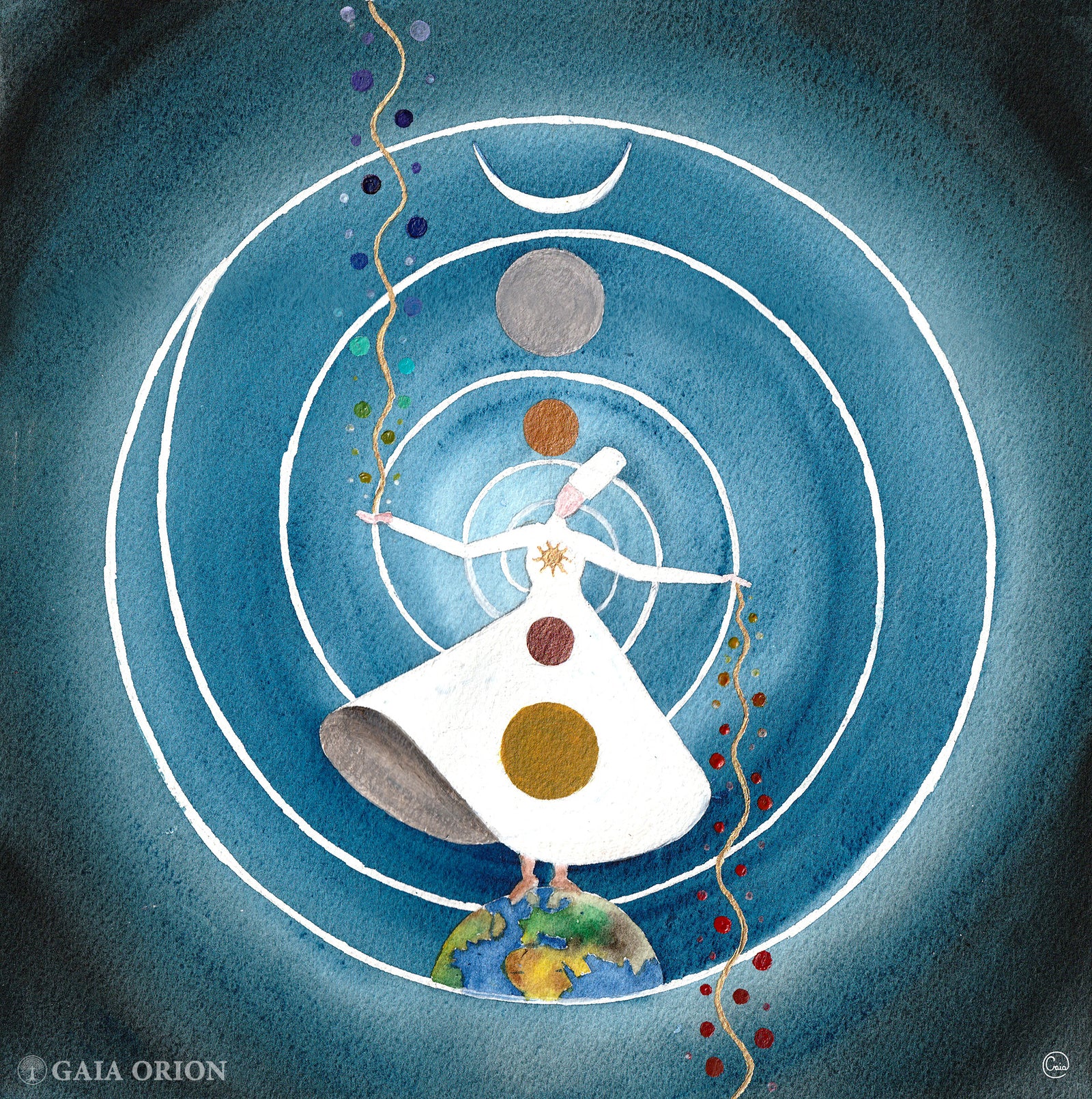 Sufi Dancer - Prints on canvas showing a whirling dancer with cosmic circles and earth motif in blue tones