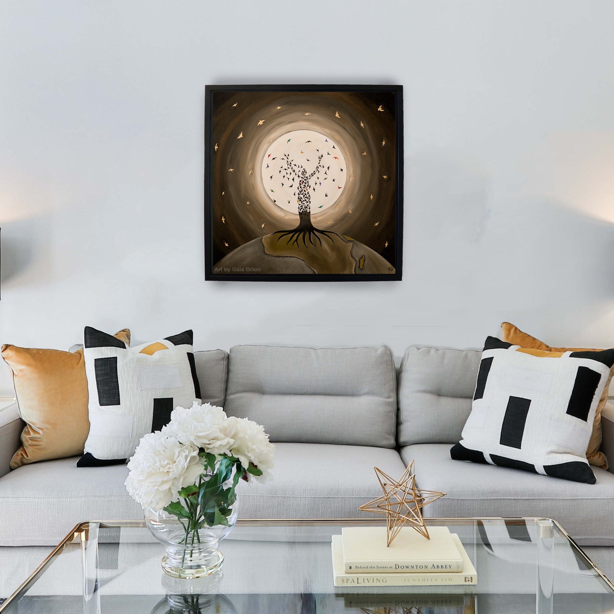 Flight of the Soul - Prints on canvas vibrant tree art with glowing circle in black floating frame above sofa.