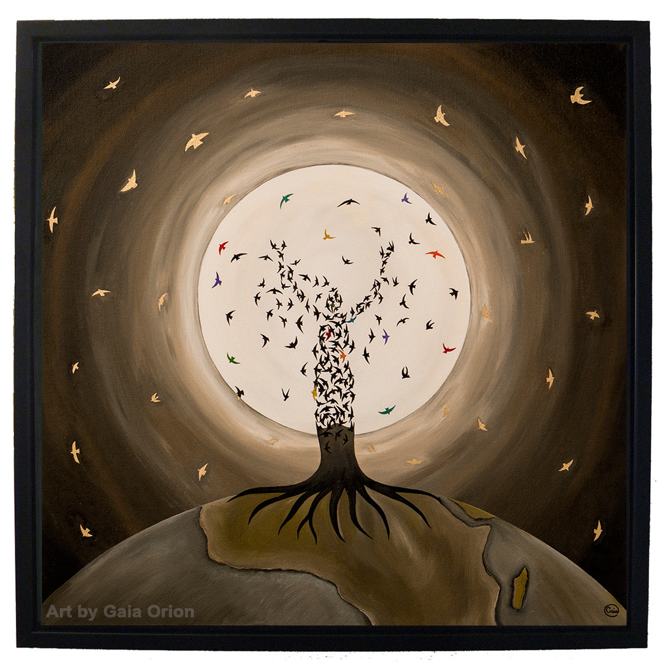 Flight of the Soul - Prints on canvas showing a tree with birds flying into a glowing circular sky.