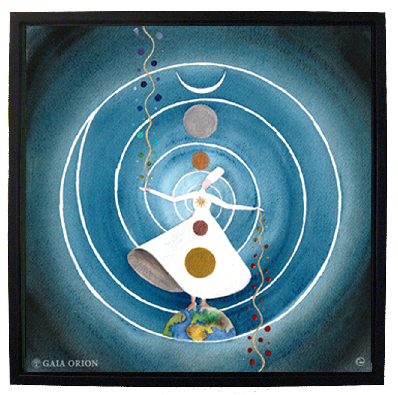 Sufi Dancer - Prints on canvas showing a whirling dancer with cosmic circles and earth motif in blue tones