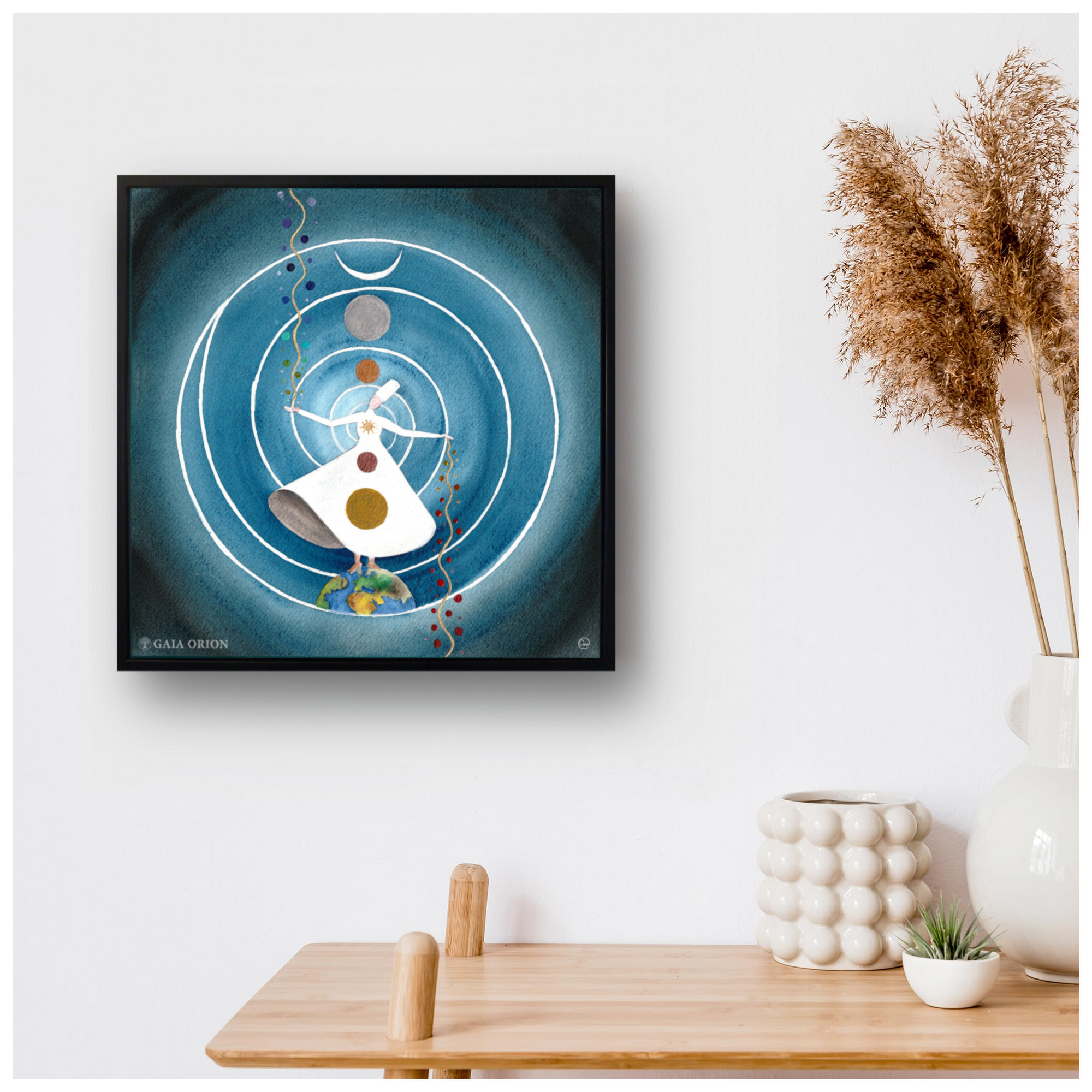 Sufi Dancer - Prints on canvas showing a whirling figure with circular patterns on a blue background.
