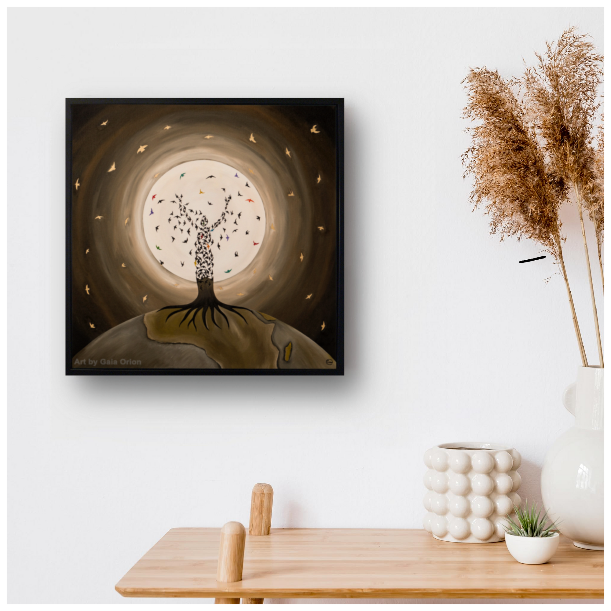 Flight of the Soul - Prints on canvas showing a tree of birds against a glowing moon in a black frame.