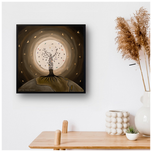 Flight of the Soul - Prints on canvas showing a tree of birds against a glowing moon in a black frame.