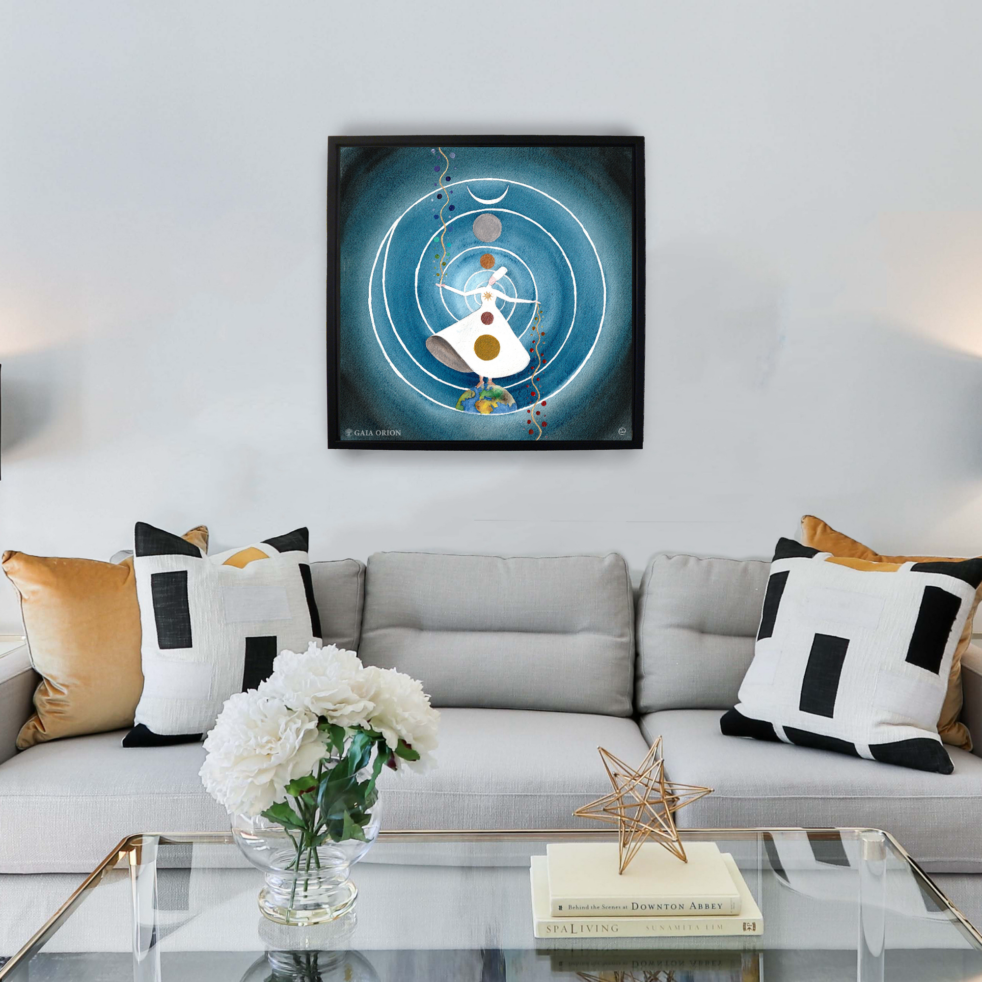 Sufi Dancer - Prints on canvas showing a whirling figure with circular patterns in blue and white tones.