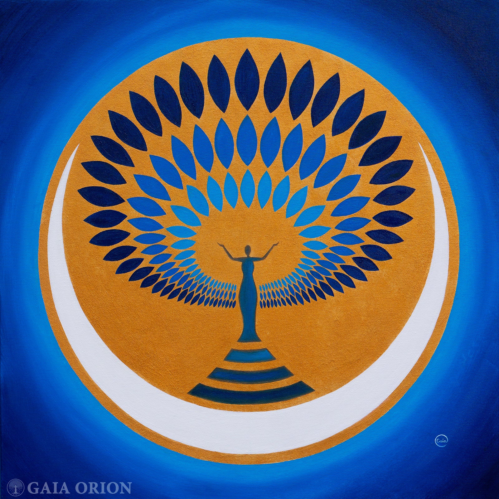 painting called Risen with a woman with arms up and leaves radiating around her like an aura, she stand on a crescent moon