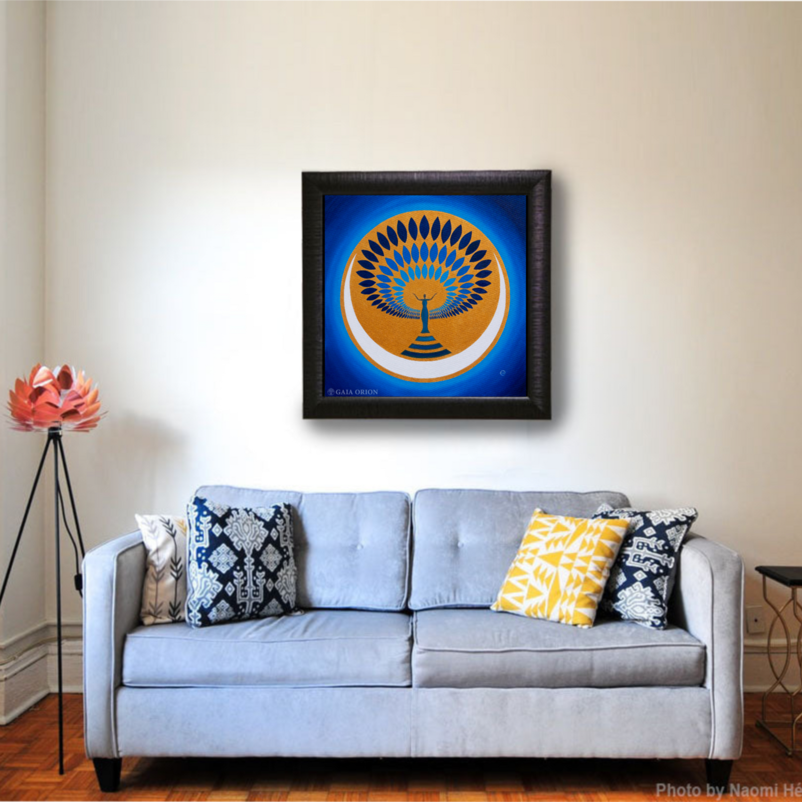 painting called Risen with a woman with arms up and leaves radiating around her like an aura, she stand on a crescent moon