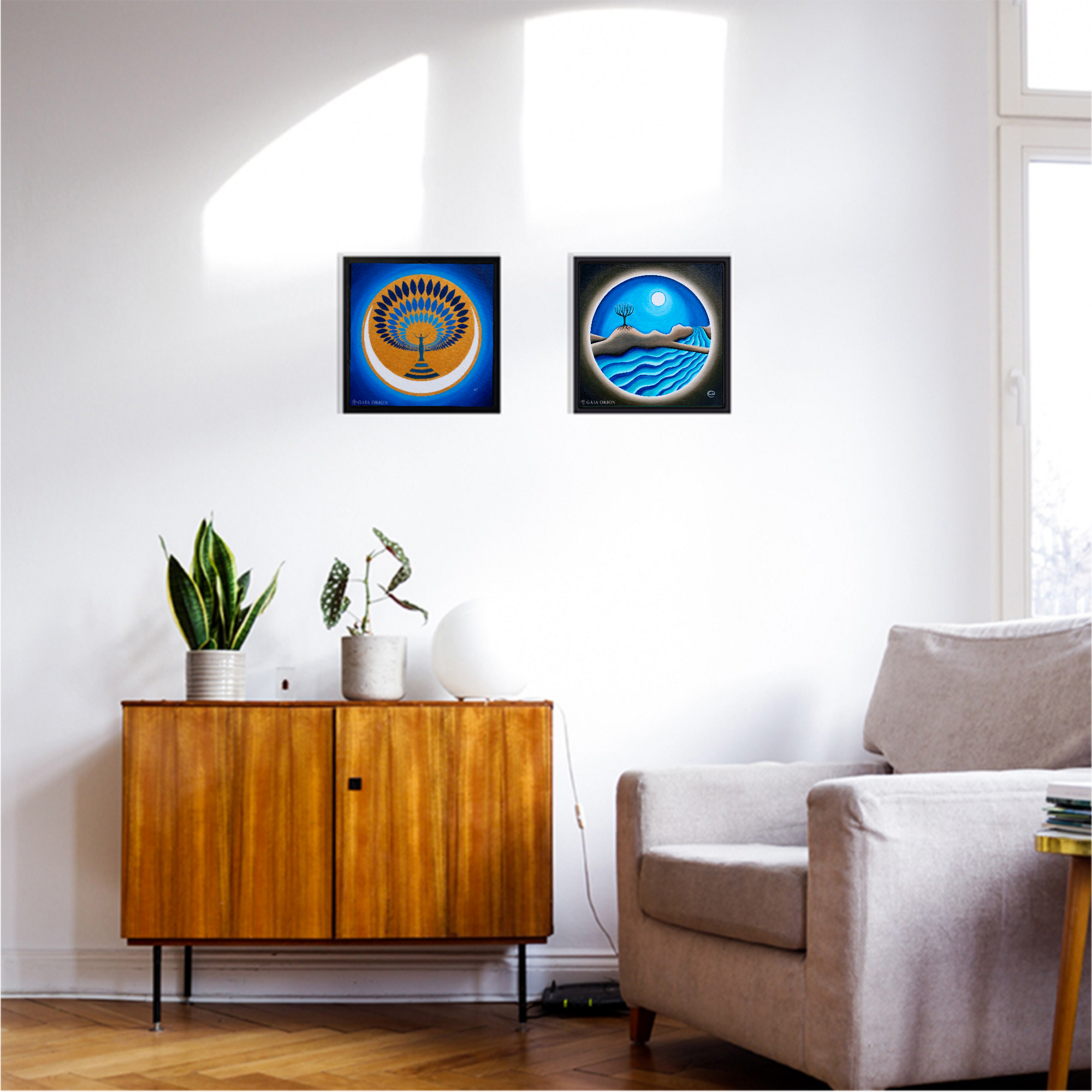 painting called Risen with a woman with arms up and leaves radiating around her like an aura, she stand on a crescent moon