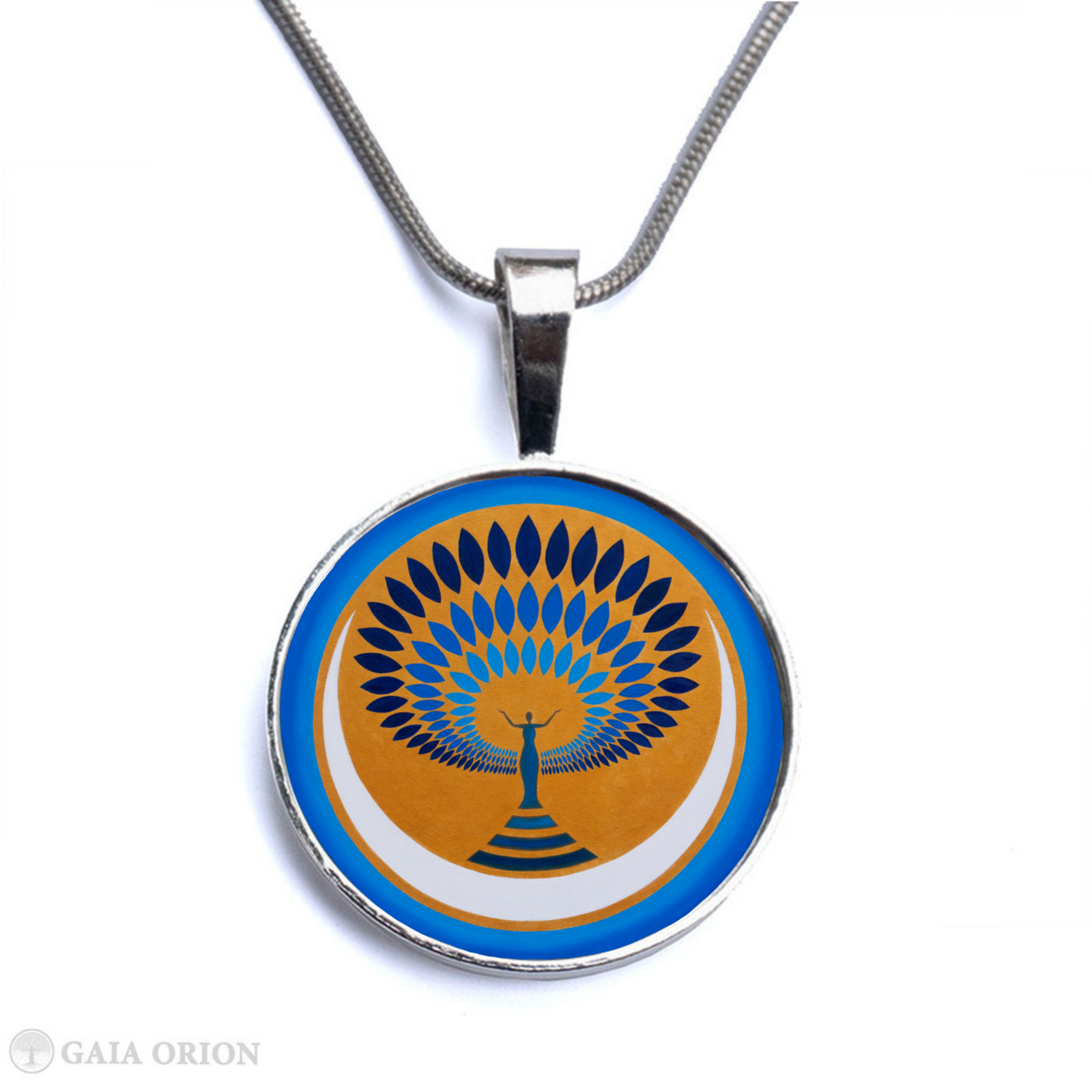 A necklace of a mandala with a woman on a crescent moon