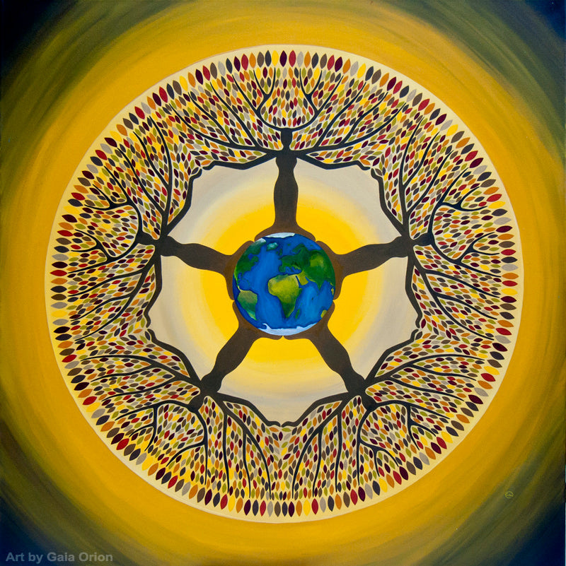 planet earth mandala blue women animal totem with antlers rooted on the earth forming a geometric  forest