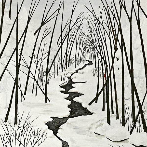In the Quiet - Oil on Canvas painting depicting a snowy forest with a winding dark stream and bare trees.