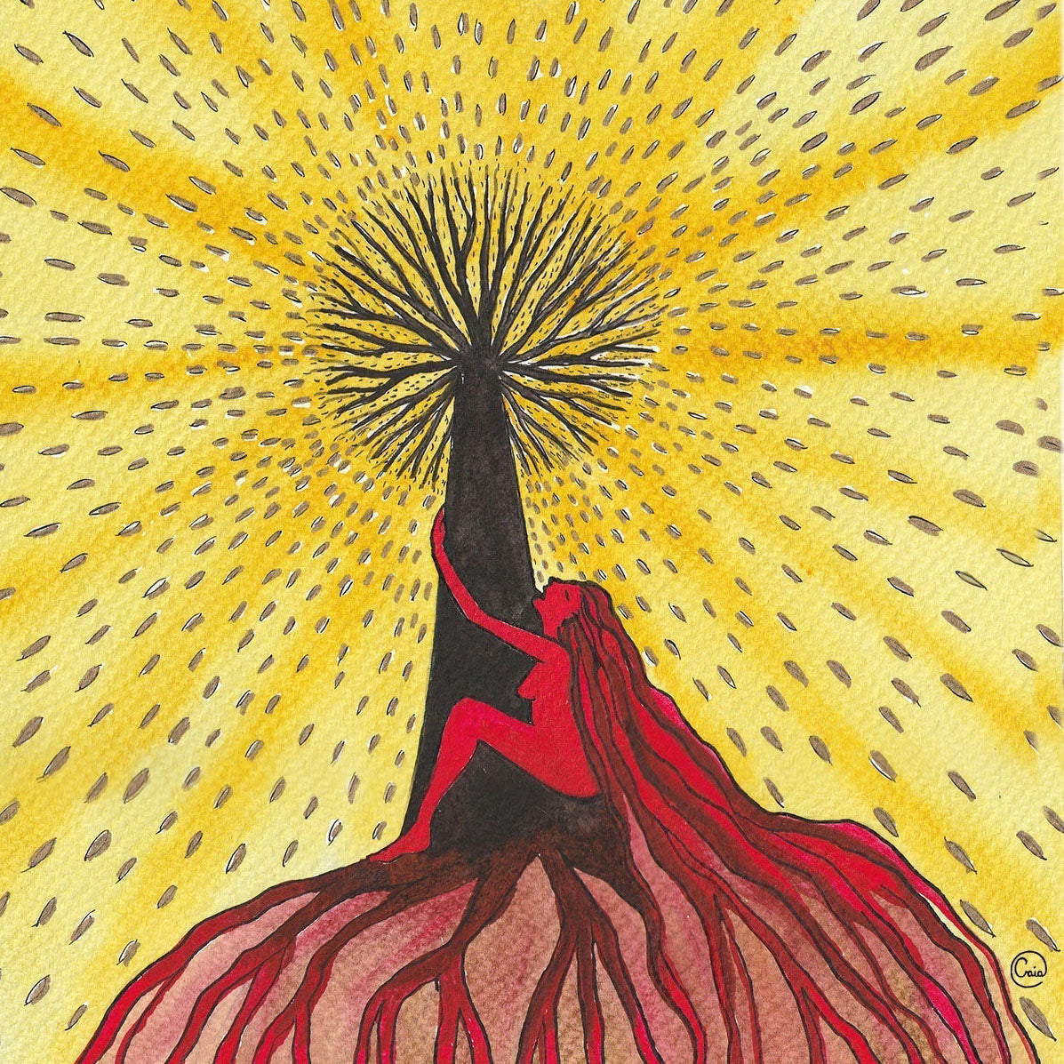 Kundalini Rising - Watercolour 29 x 20 cm depicts a red figure embracing a black tree against a radiant yellow background.