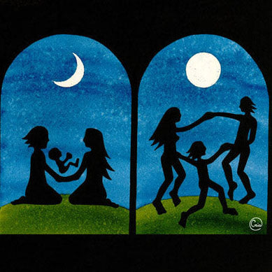 Life Celebration - Watercolour on Paper - silhouette family scenes under moon phases on a hill, 25 x 50 cm.
