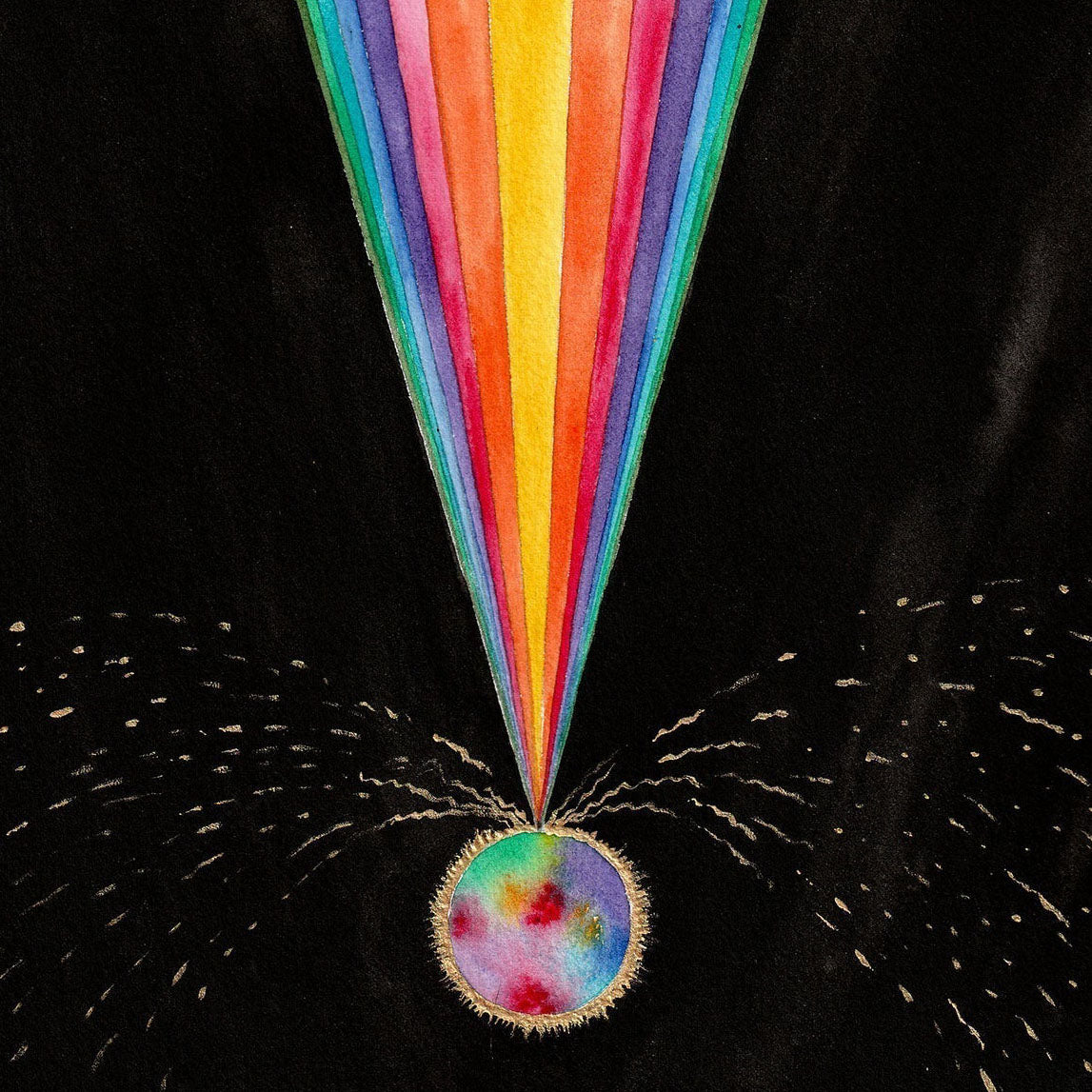 Life Force - Watercolour and Gold Acrylic painting with vibrant light beams over a colorful orb on black background.