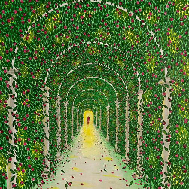 Love for Life - Oil on Canvas depicts a vibrant green archway with rose bushes and a figure walking beneath.