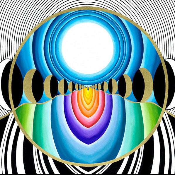 Lunar Awakening Oil on Canvas painting with concentric circles and phases of the moon in vibrant colors 50 x 100 cm.