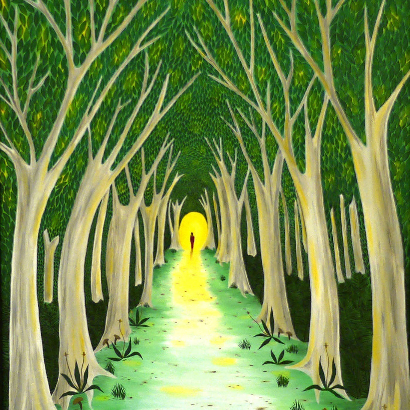 A Meaningful Life oil painting depicting a person walking through a glowing forest path on canvas 50 x 40 cm.