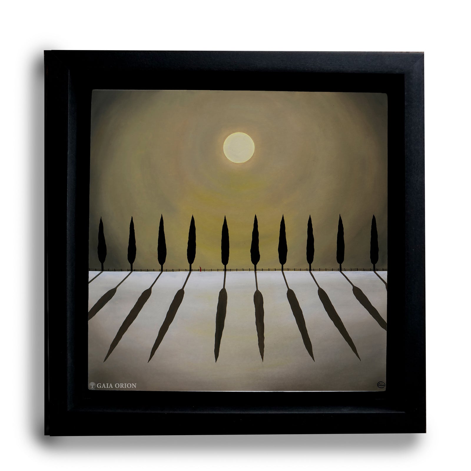 Moon Magic - Oil on Canvas - 60x60 cm painting of tall trees casting long shadows under a glowing full moon.