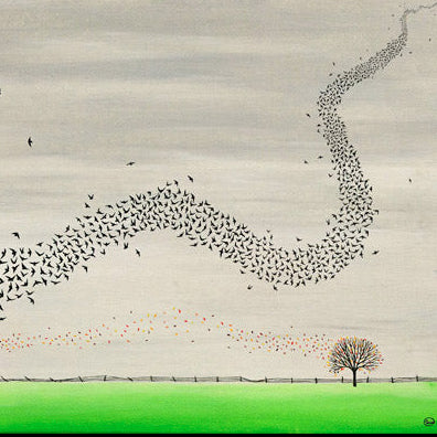 Murmuration - Oil on Canvas - 30 x 60 cm depicts a flock of starlings swirling over a lone tree in a green field.