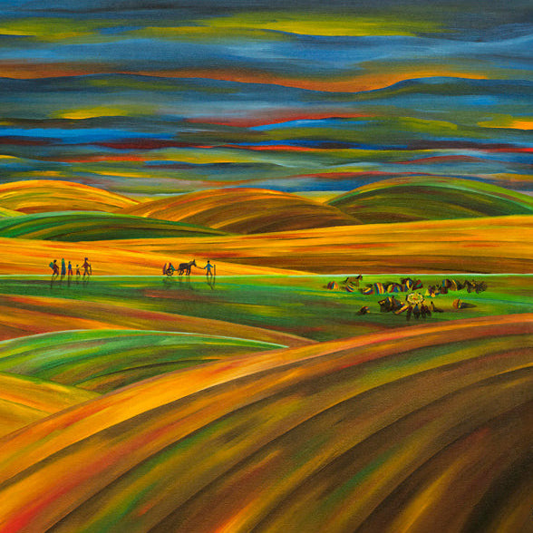 Nomads at Dusk - Oil on Canvas - 45 x 60 cm depicting nomads crossing colorful rolling plains at dusk.