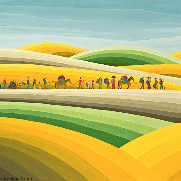 Nomads - Oil on Canvas - 45 x 60 cm depicting colorful nomads and camels crossing rolling hills.